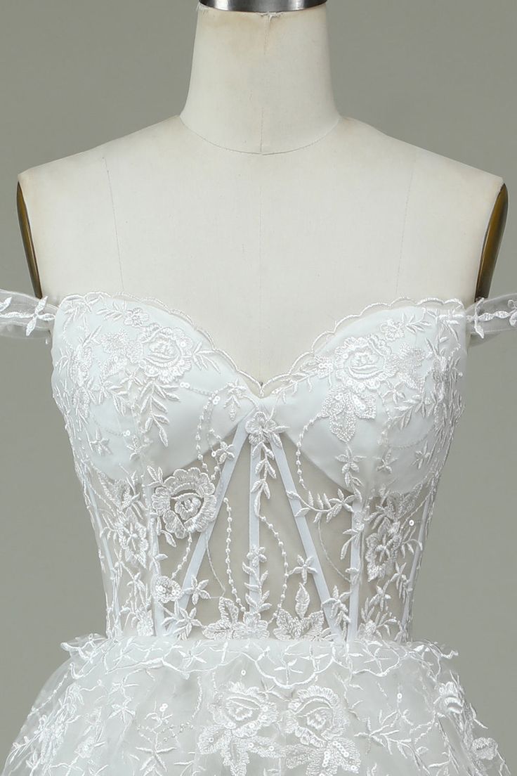 Dreamy A Line Off The Shoulder White Tulle Lace Tiered Long Wedding Dress GG3010