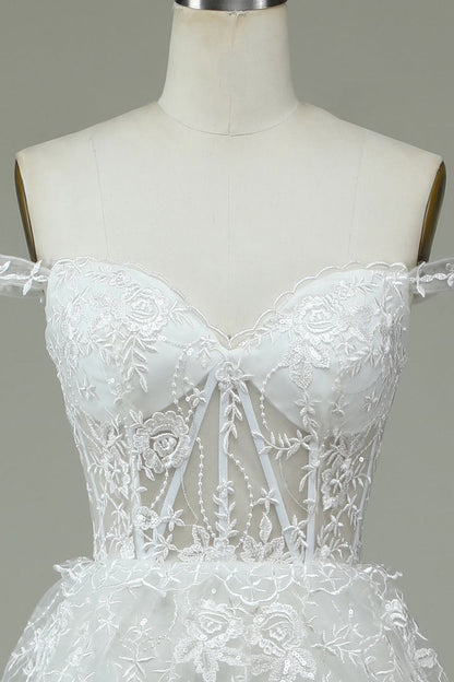 Dreamy A Line Off The Shoulder White Tulle Lace Tiered Long Wedding Dress GG3010