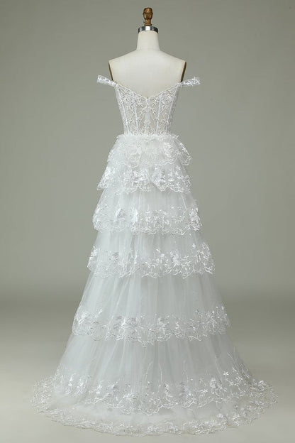 Dreamy A Line Off The Shoulder White Tulle Lace Tiered Long Wedding Dress GG3010