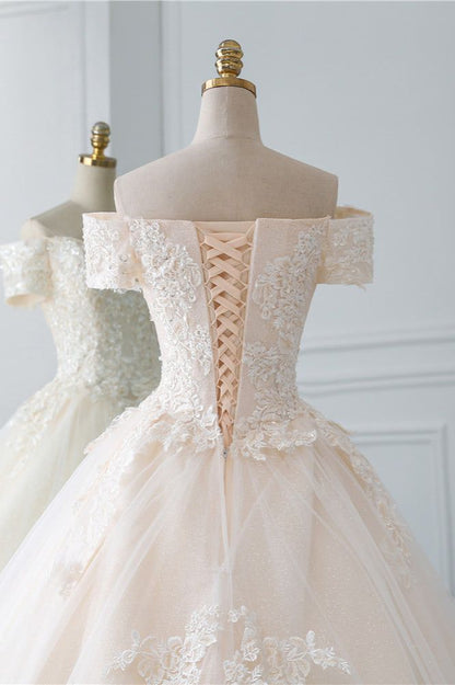 Classy Elegant A Line Off The Shoulder Light Champagne Tulle Applique With Train Short Sleeves Long Wedding Dress GG3012