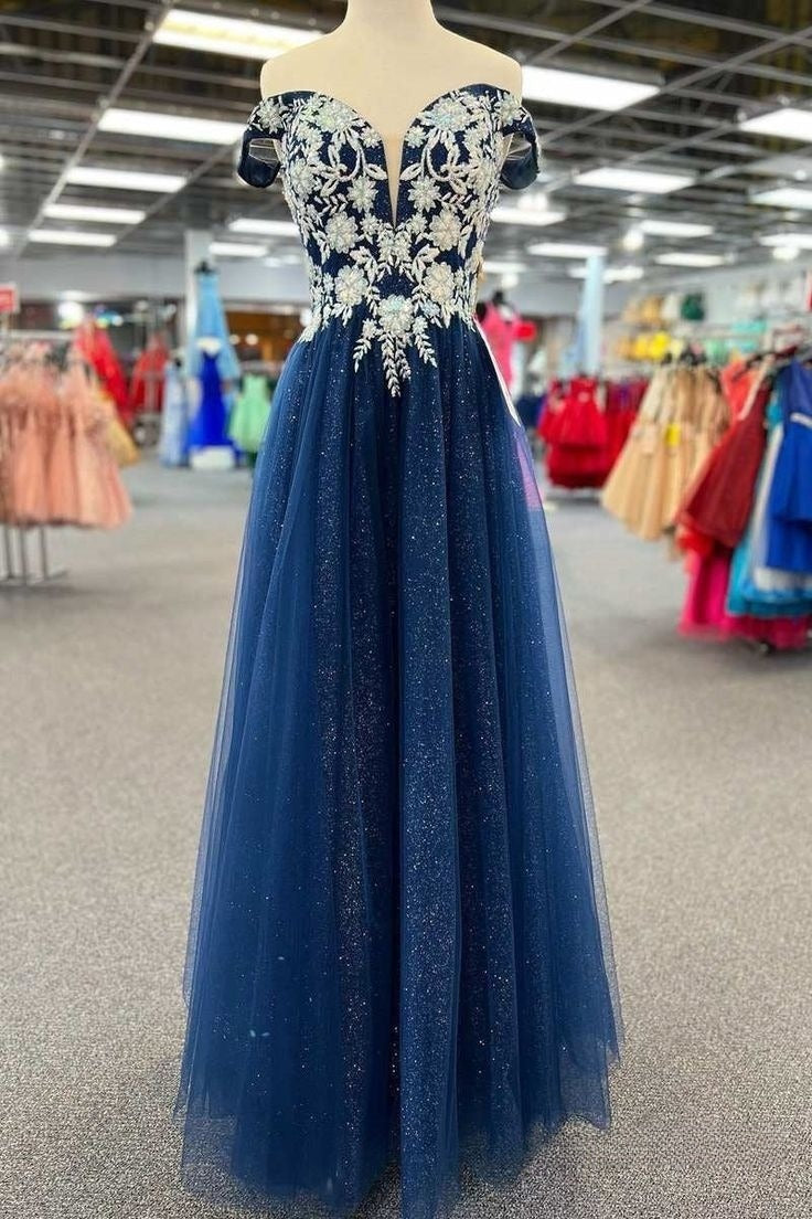 Classy A Line Off The Shoulder Navy Blue Tulle Sequin Long Mother Of Bride Dress,Evening Dress GG3047