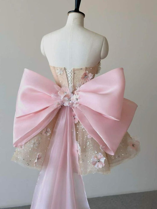 Cute Ball Gown Strapless Satin Sequin Applique Floral Short Prom Dress,Homecoming Dress,Birthday Dress GG3071