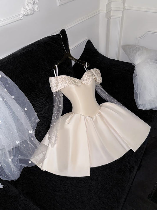 Classy Ball Gown Off The Shoulder Satin Long Sleeves Short Prom Dress,Homecoming Dress,Birthday Dress GG3072