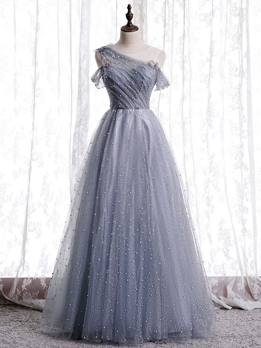 Delicate A Line One Shoulder Gray Tulle Beaded Long Prom Dress,Evening Dress GG310
