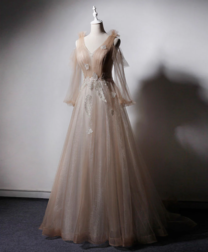 Delicate A Line V Neck Tulle Long Sleeves Applique Long Prom Dress,Evening Dress GG312