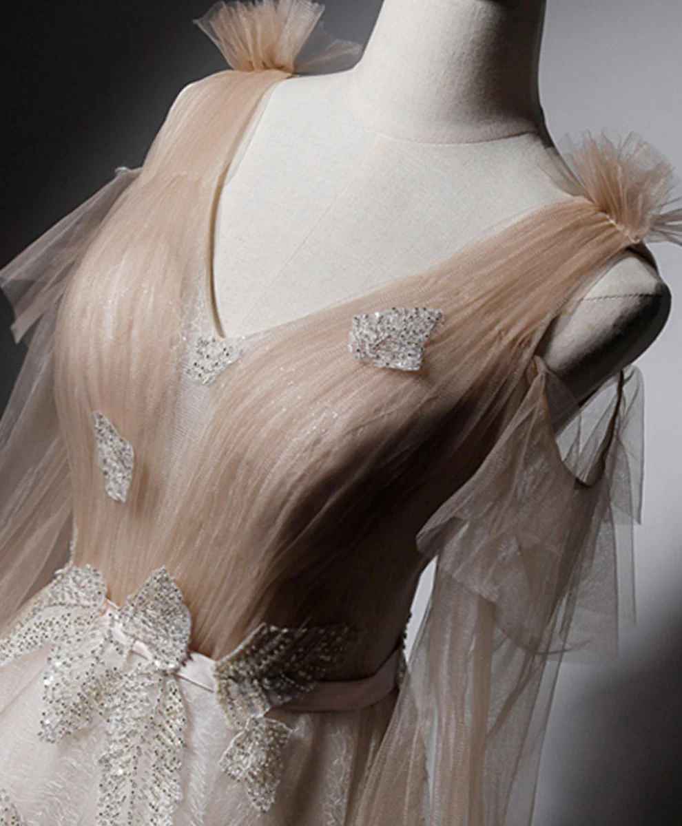 Delicate A Line V Neck Tulle Long Sleeves Applique Long Prom Dress,Evening Dress GG312