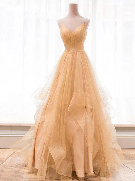 ELegant A Line Spaghetti Straps V Neck Pastel Orange Tulle  Long Prom Dress,Evening Dress GG314