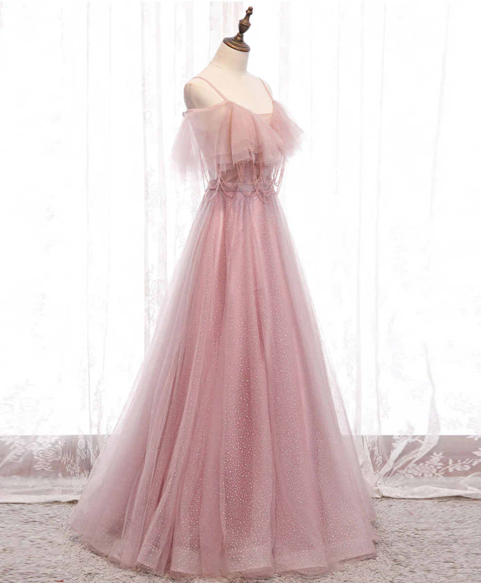 ELegant A Line Spaghetti Straps Off The Shoulder Pink Beading Tulle Long Prom Dress,Evening Dress GG315