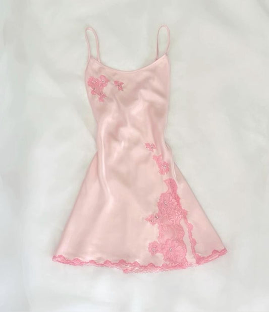 Chic Pink A Line Spaghetti Straps Satin Lace Short Prom Dress,Homecoming Dress,Birthday Dress GG3167
