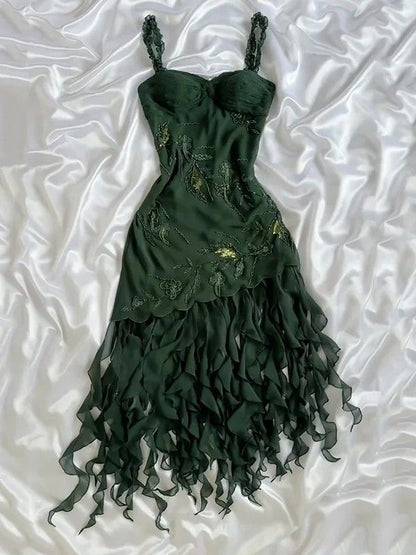 Dark Green A Line Spagehtti Straps Chiffon Applqiue Ruffles Short Prom Dress,Homecoming Dress,Birthday Dress GG3267