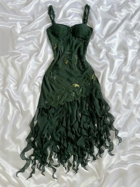 Dark Green A Line Spagehtti Straps Chiffon Applqiue Ruffles Short Prom Dress,Homecoming Dress,Birthday Dress GG3267