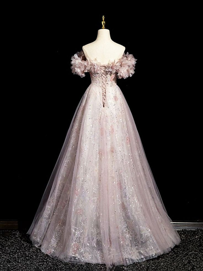 Exuisite A Line Off The Shoulder Tulle Sequins Floral Long Prom Dress,Evening Dress GG334