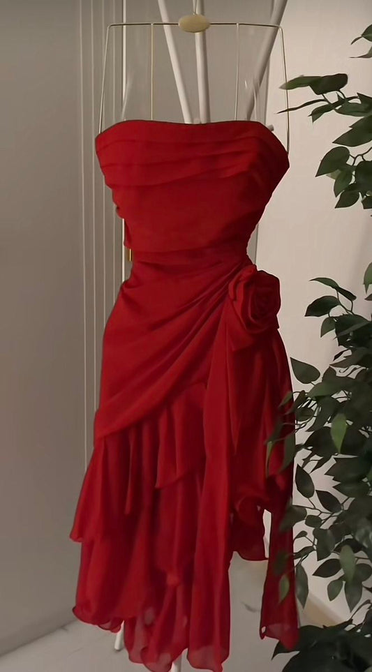 Red A Line Strapless Chiffon Short Prom Dress,Homecoming Dress,Birthday Dress GG3402