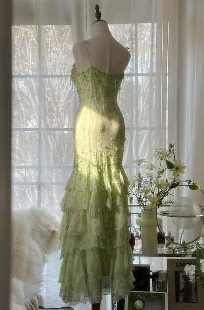 Chic Mermaid Spaghetti Straps Green Satin Chiffon Beaded Long Prom Dress,Party Dress,Evening Dress GG3472