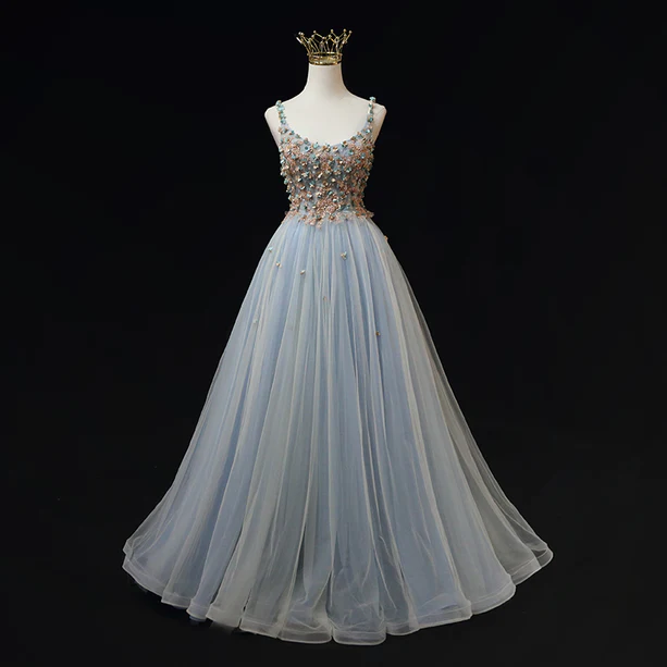 Elegant A Line Blue Tulle with Flowers Straps Long Prom Dress,Evening Dress GG356