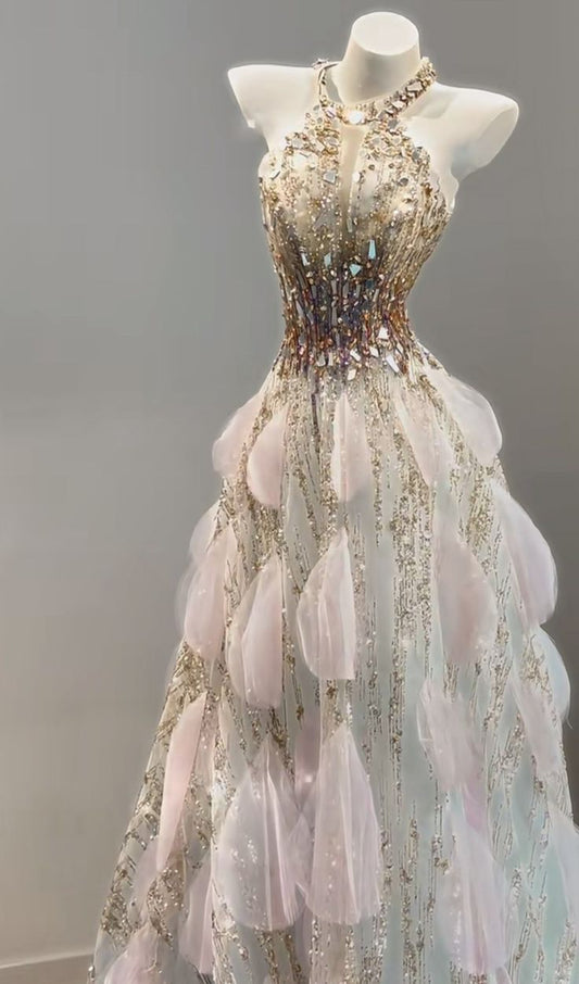 Gorgeous A Line Halter Tulle Sequin Beads Long Prom Dress,Party Dress,Evening Dress GG3629