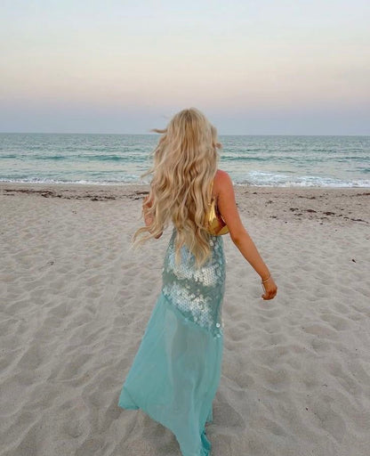 Pretty Mermaid Spaghetti Straps Light Blue Sequin Chiffon Long Prom Dress,Party Dress,Evening Dress GG3643