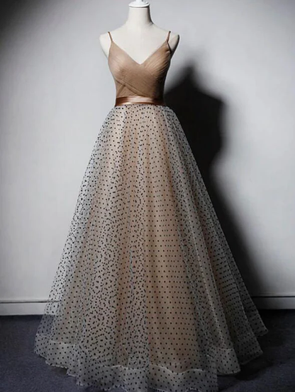 Elegant A Line V Neck Spaghetti Straps Tulle  Long Prom Dress,Evening Dress GG366