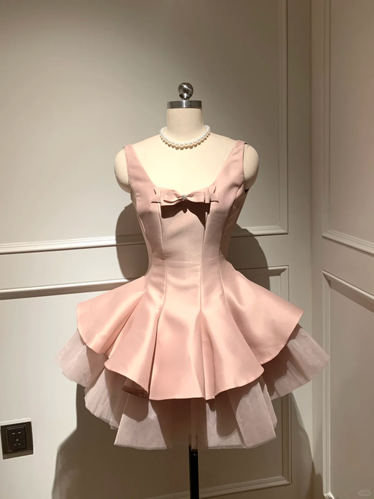 Sweet 16th Pink A Line U Neck Satin Tulle With Bow Short Homecoming Dress,Summer Birthday Dress GG3698