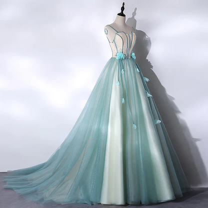 Elegant A Line Strapless Tulle Flower Long Prom Dress,Evening Dress GG375