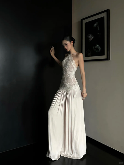 Pretty A Line Halter Satin Lace Backless Long Prom Dress,Party Dress,Evening Dress GG3852