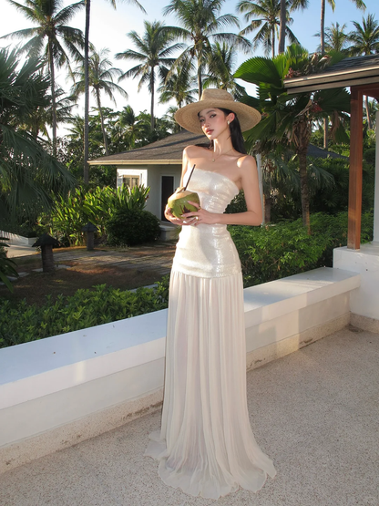 Elegant A Line Strapless Sequin Chiffon Long Prom Dress,Party Dress,Evening Dress GG3855