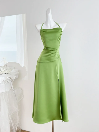 Simple Mermaid Halter Satin Slit Long Prom Dress,Party Dress,Evening Dress GG3873