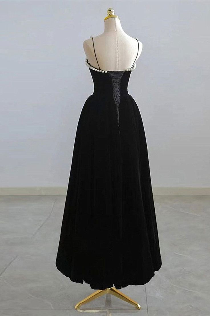 Elegant A Line Spaghetti Straps Beaded Black Velvet  Tea Length Prom Dresses,Evening Dresses GG397