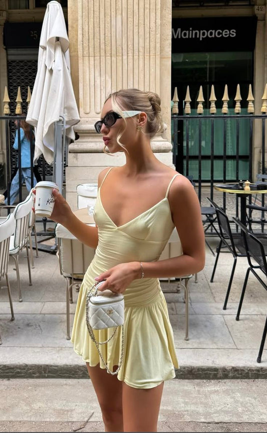 Pastel Yellow A Line Spaghetti Straps Satin Short Homecoming Dress,Summer 18th Birthday Dress GG3970