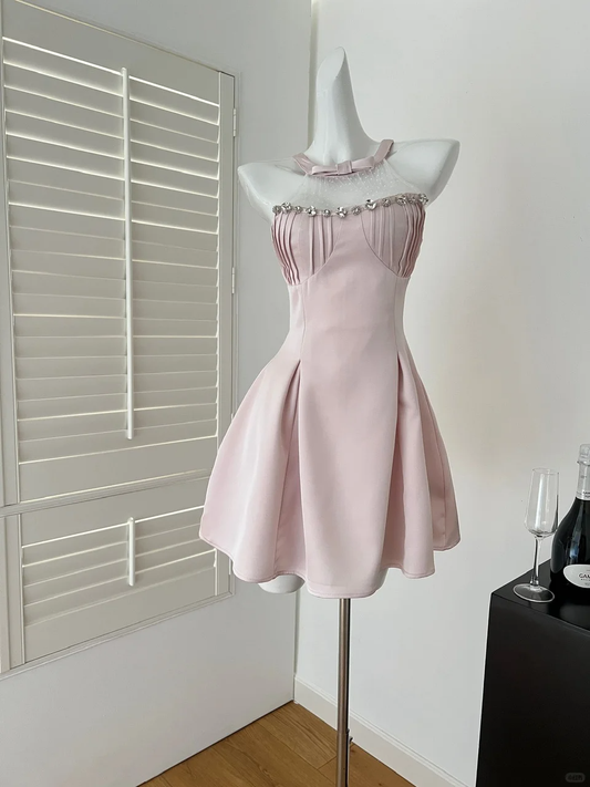 Sweet A Line Halter Satin Beaded Short Homecoming Dress,Summer 18th Birthday Dress GG3978