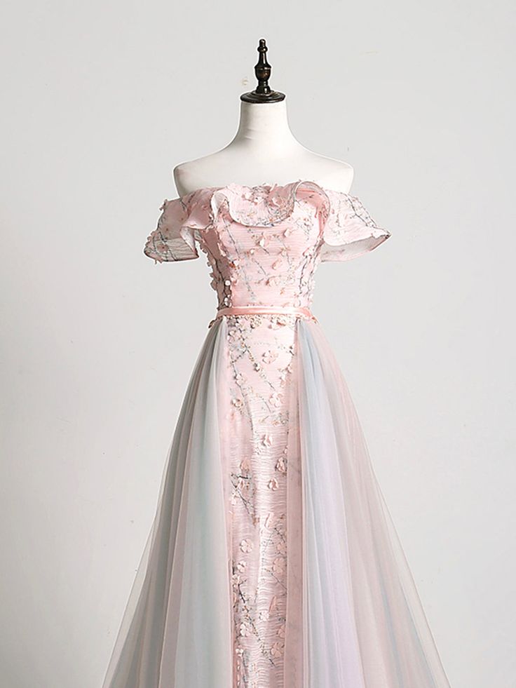 Elegant A Line Off The Shoulder Pink Applique Tulle Long Prom Dresses,Evening Dresses GG398