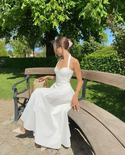 Pretty White A Line Halter Satin Long Prom Dress,Party Dress,Formal Evening Dress GG4134