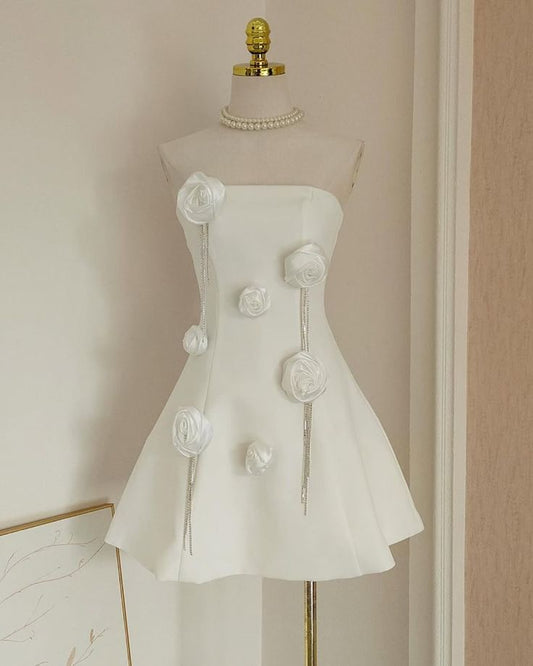 Pretty A Line Strapless Satin With Flowers Short Homecoming Dress,Summer 17th Birthday Dress GG4197