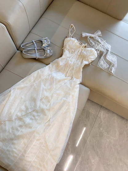 Vintage A Line Spaghetti Straps Satin Lace Long Prom Dress,Party Dress,Formal Evening Dress GG4296