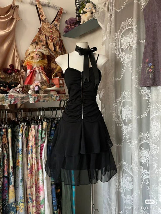 Elegant A Line Spaghetti Straps Black Chiffon Beads Short Homecoming Dress,Summer 18th Birthday Dress GG4320