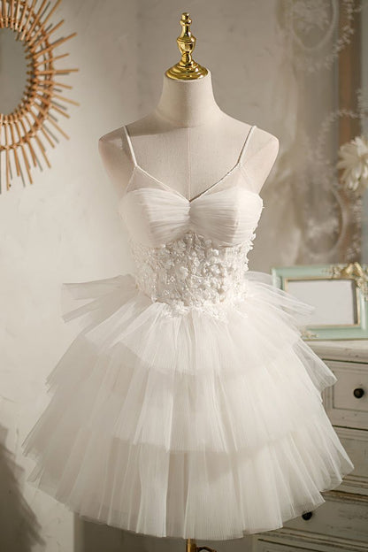 Cute A Line Spaghetti Straps White Tulle Tiered Short Homecoming Dress,Summer 17th Birthday Dress GG4579