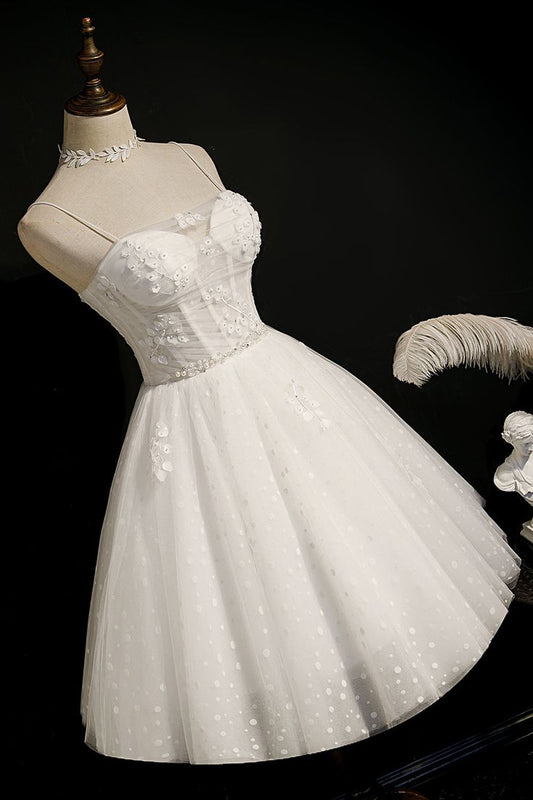 Lovely A Line Spaghetti Straps White Tulle Applique Beads Short Homecoming Dress,Summer 18th Birthday Dress GG4581