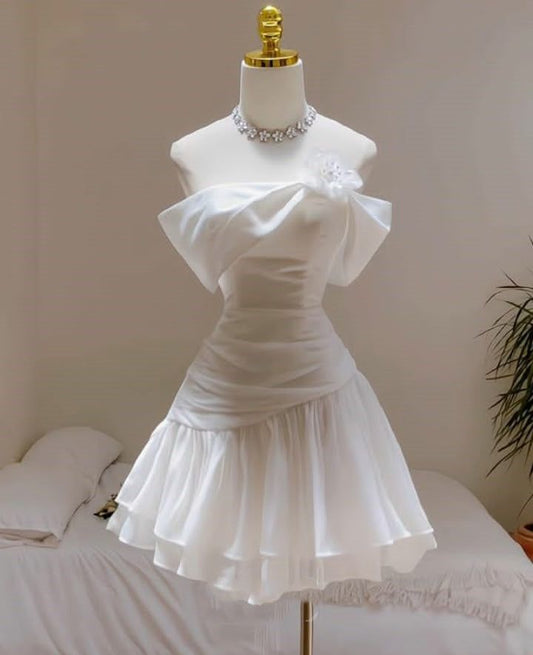 Cute A Line Off The Shoulder White Satin Short Homecoming Dress,Summer 18th Birthday Dress GG4582