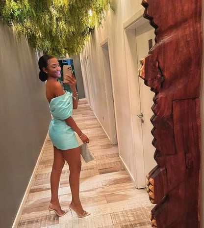 Classy Mermaid Off The Shoulder Satin Short Homecoming Dress,Vacation Dress,Summer 19th Birthday Dress GG4596