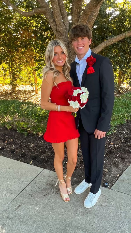Elegant A Line Red Strapless Satin Short Homecoming Dress,Vacation Dress,Summer 20th Birthday Dress GG4705