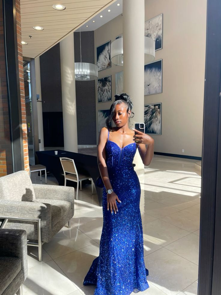 Glitter Royal Blue Mermaid Spaghetti Straps Sequin Long Prom Dress,Party Dress,Formal Evening Dress GG4719