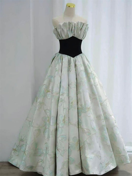 Elegant A Line Strapless Printed Pattern Satin Long Prom Dress, Evening Dress GG474