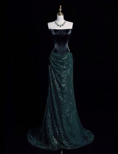 Modest Mermaid Strapless Satin Tulle Sequin Long Prom Dress,Party Dress,Formal Evening Dress GG4769