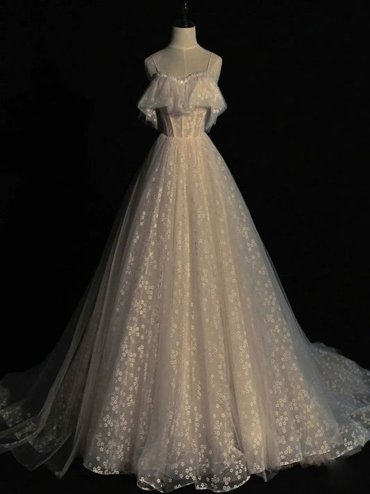 Elegant A Line Spaghetti Straps Light Champagne Tulle Daisy Long Prom Dress,Evening Dress GG477