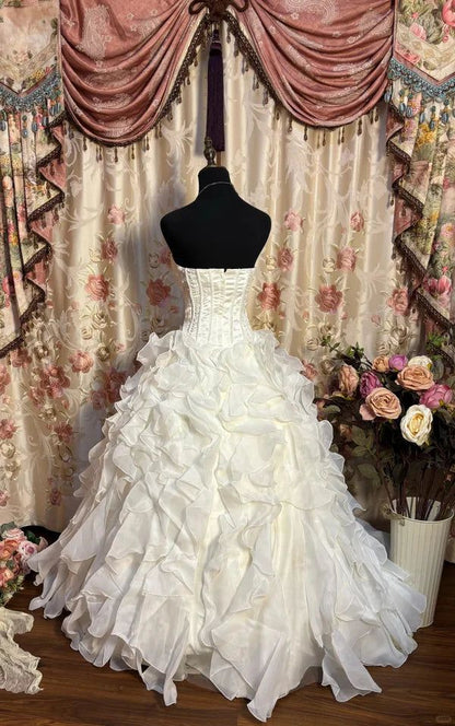 Sweet Ball Gown Strapless Satin Chiffon Ruffle Long Prom Dress,Wedding Dress,Formal Evening Dress GG4872