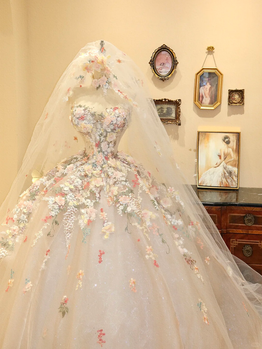 Fairy Ball Gown Strapless Tulle Applique Long Prom Dress,Party Dress,Formal Evening Dress GG4890