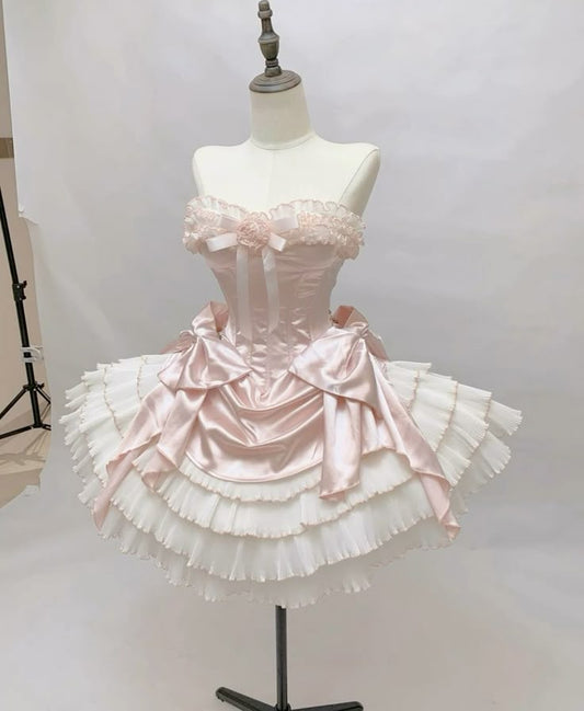 Sweet 16th Pink Ball Gown Strapless Layer Satin Short Homecoming Dress,Vacation Dress,Summer Birthday Dress GG4916