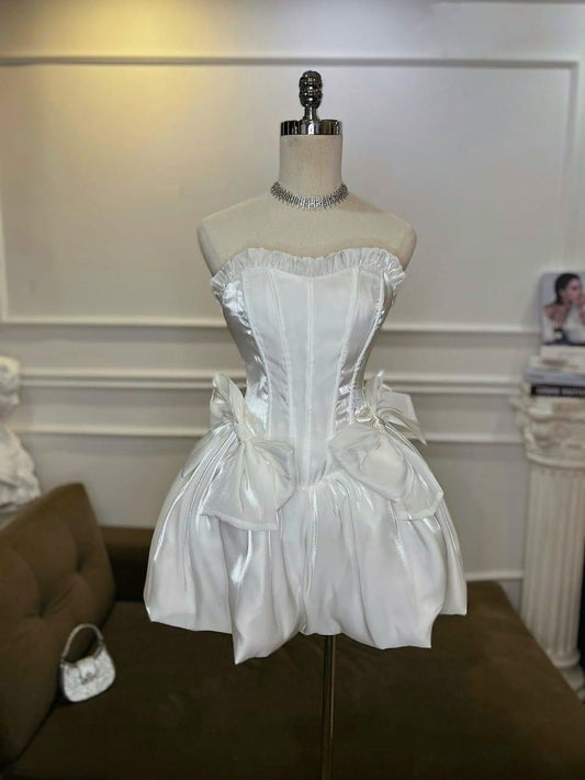 Cute Ball Gown Strapless Satin With Bow Short Homecoming Dress,Vacation Dress,Summer 17th Birthday Dress GG4919