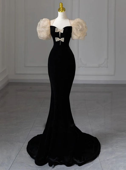 Gorgeous Black Mermaid Sweetheart Velvet Puffy Sleeve Long Prom Dress,Evening Dress GG492