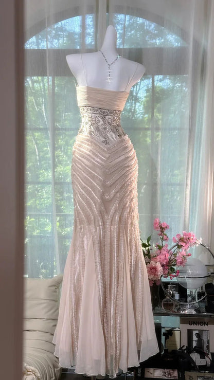 Elegant Mermaid Spaghetti Straps Pleated Chiffon Lace Long Prom Dress,Party Dress,Formal Evening Dress GG4947